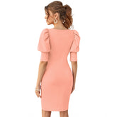 Women's Knitting stretchable Solid Square Neck 3-4 Puff Sleeve Dress (Peach)